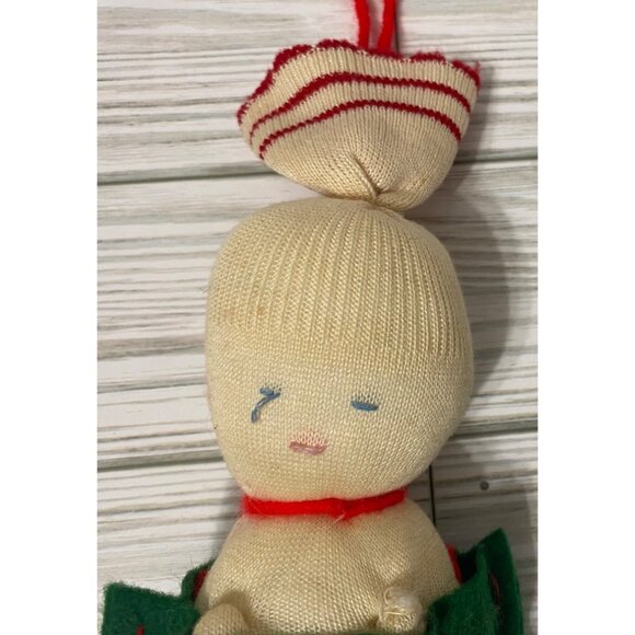 Vintage Knit Christmas Sock Ornament Felt Stuffed with Batting 1950's - Picture 2 of 5